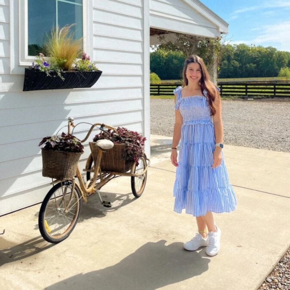 Striped Blue White Midi Dress Tie Straps Shirred Ruffle Detail - Picture 8 of 16